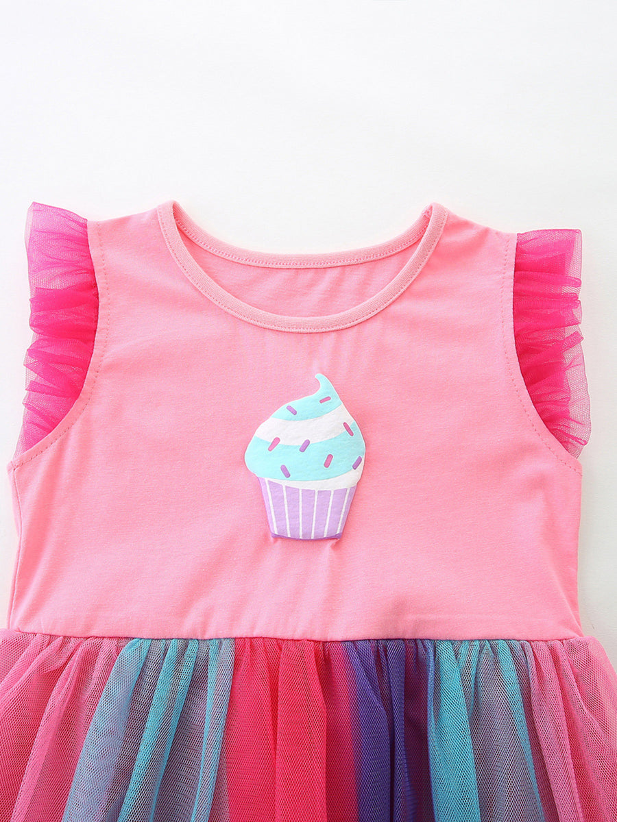 Pink cotton dress with cupcake graphic and ruffled tulle sleeves, rainbow tulle skirt.