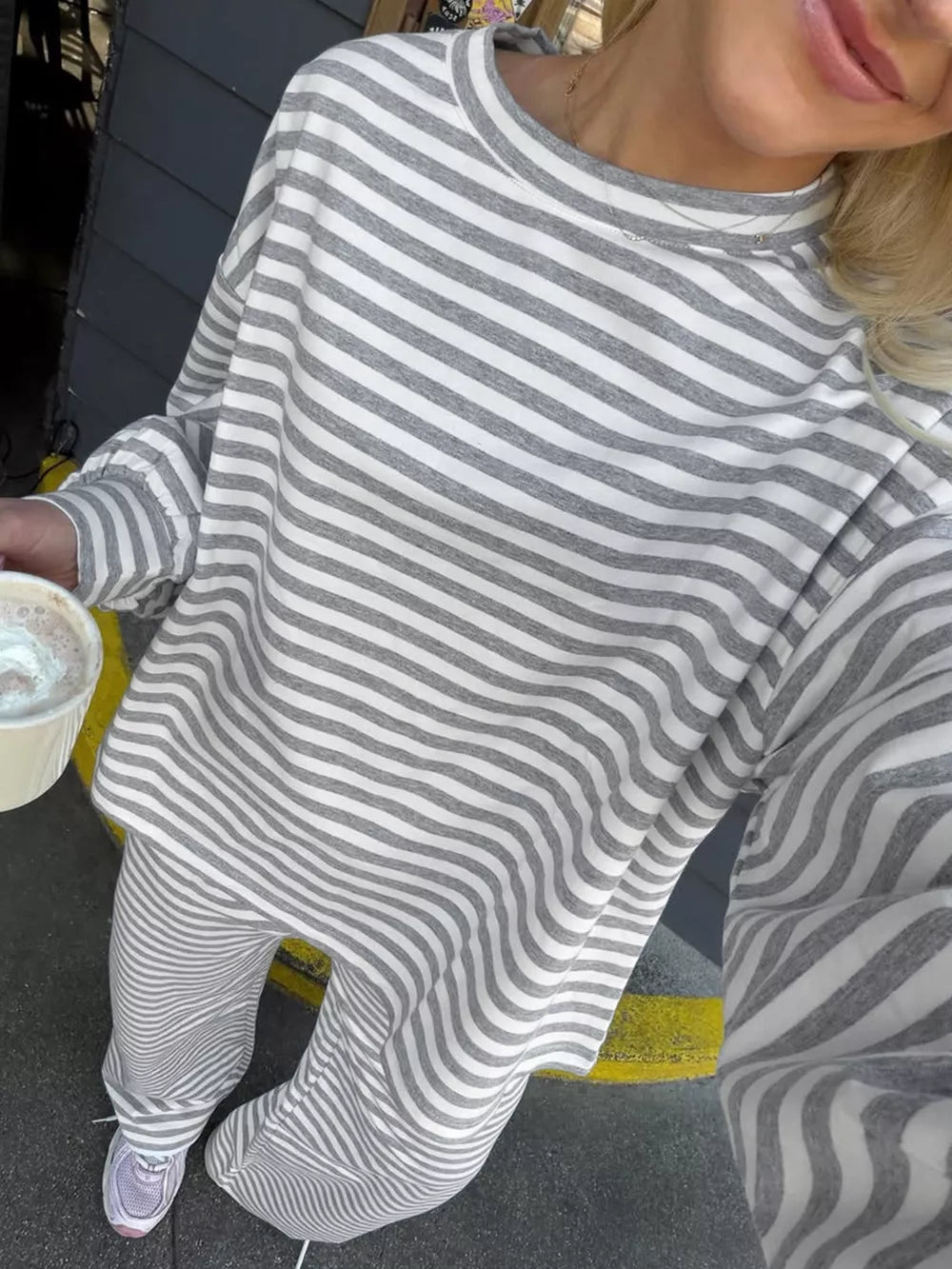 Gray Striped Round Neck Top And Pants Set