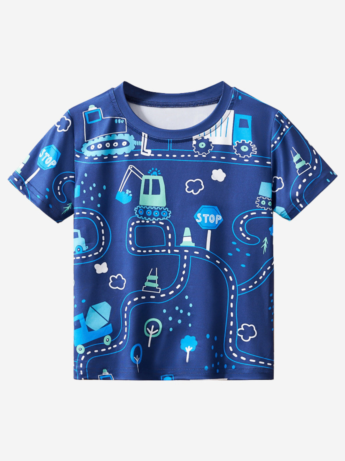 Toddler blue crew neck t-shirt with road construction print, featuring trucks, diggers, and stop signs.