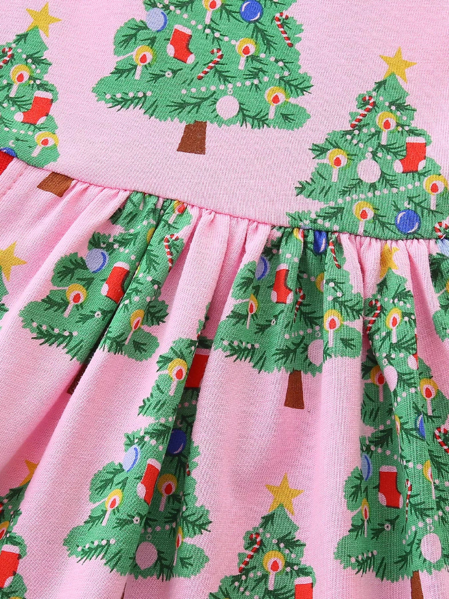Pink cotton baby dress with a Christmas tree print and gathered waist