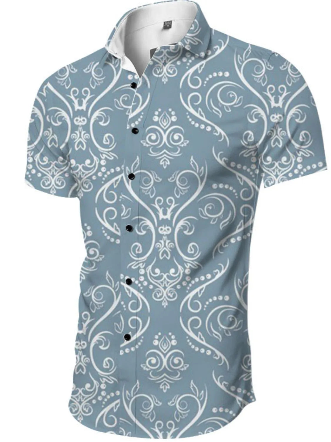 Light blue short-sleeve resort shirt with white damask print and black buttons.