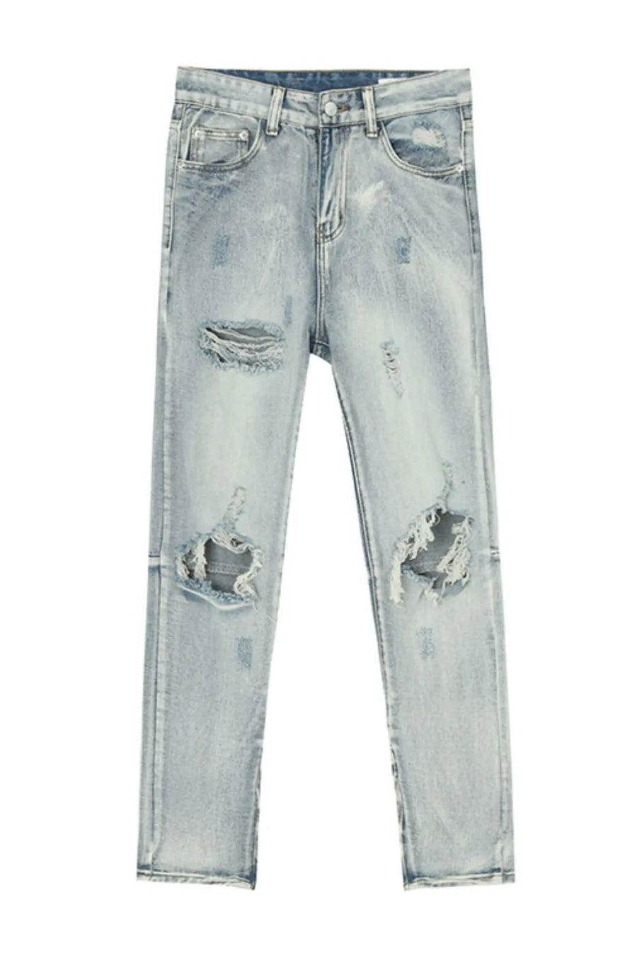Light wash distressed skinny jeans with ankle zippers and ripped details.