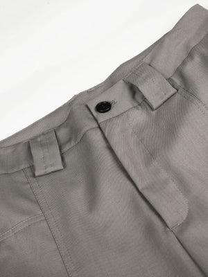 slate gray wide-leg pants with full-length and button and zip-front