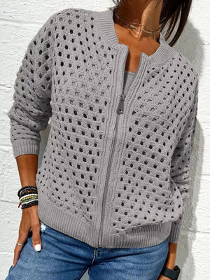 Black cardigan with hip-length and zip-front