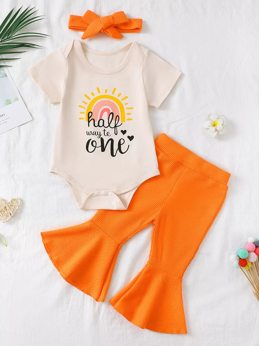 Baby bodysuit with sunny graphic and orange flare pants set.