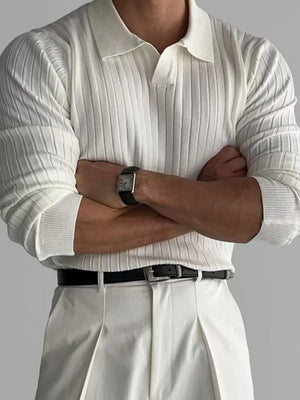 Ribbed knit polo shirt in ivory with a classic collar and long sleeves.