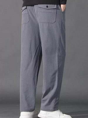 Light gray corduroy joggers with back flap pockets and drawstring waist.