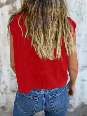 Scarlet button-down cap sleeve shirt with a cropped fit.