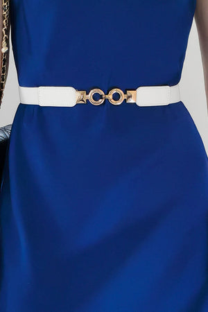 White elastic belt with gold interlocking circle buckle detail