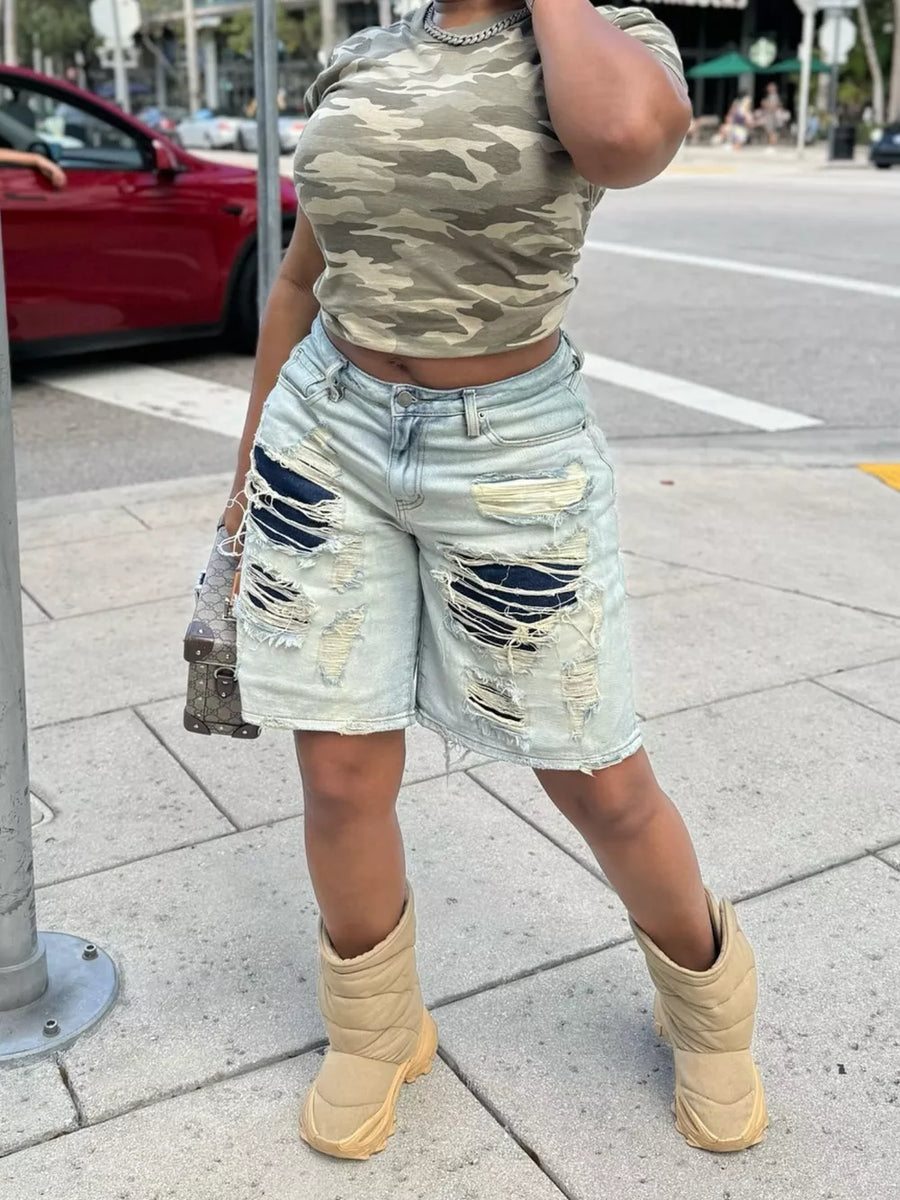 Denim Distressed Denim Bermuda Shorts option 6