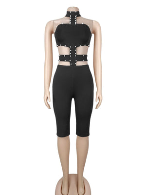 black romper with studded and sleeveless