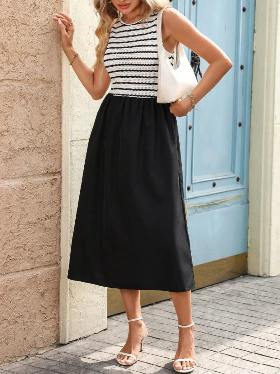 White with Striped Knit Tank Midi Dress