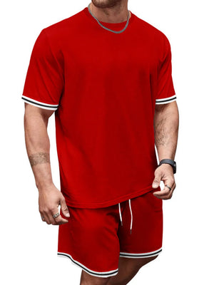 Red t-shirt and shorts set with striped cuffs and hem