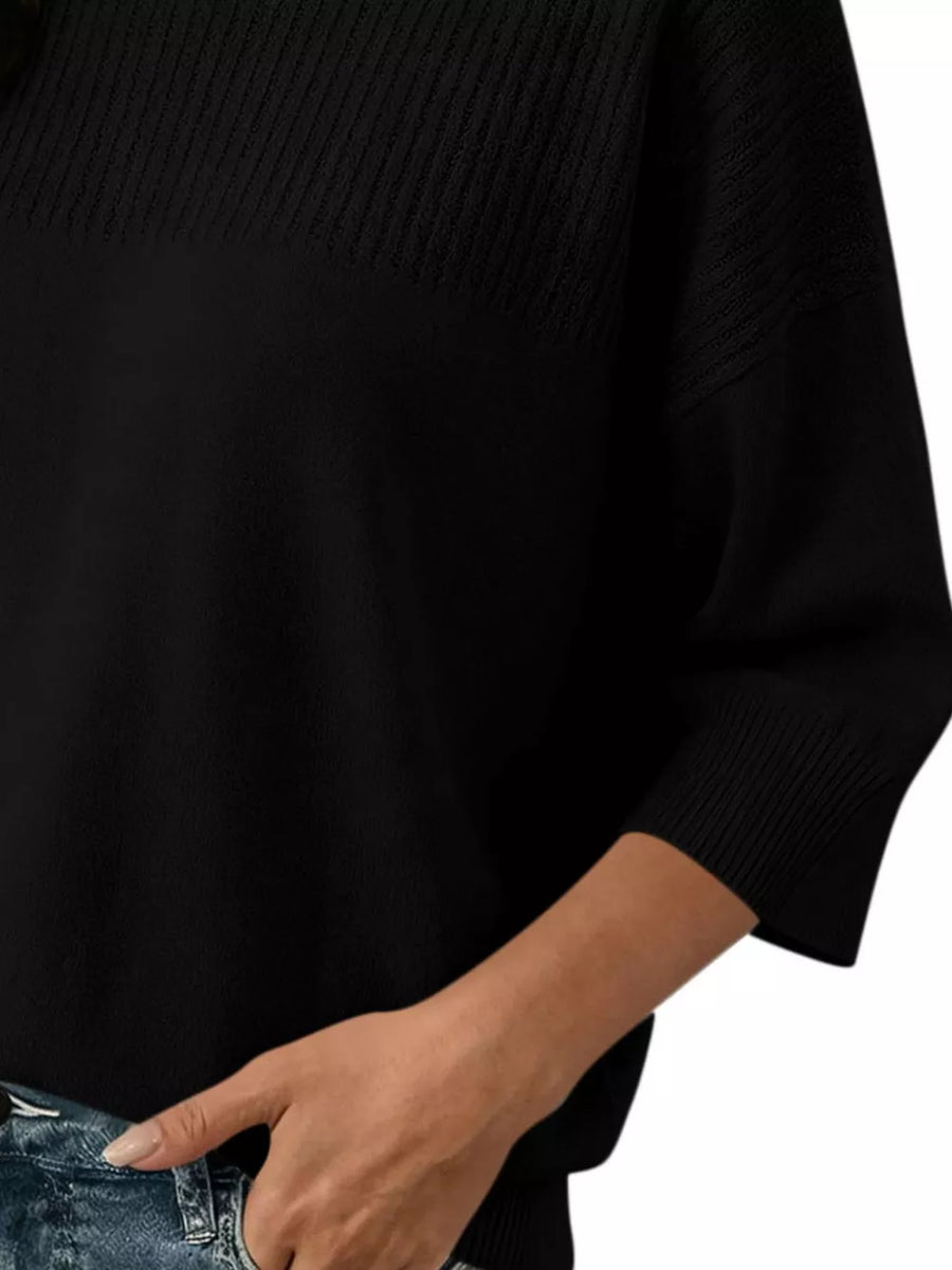 Sky Blue Elegant Crew Neck Eyelet Ribbed Sweater