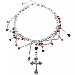 Gothic Cross Pendant Layered Necklace Silver Alloy Resin in black with layered design