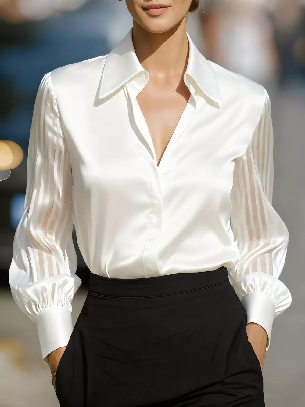Scarlet Elegant Shirt With Sheer Striped Sleeves