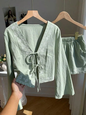 Light green embroidered tie-front cotton top and shorts set with bell sleeves