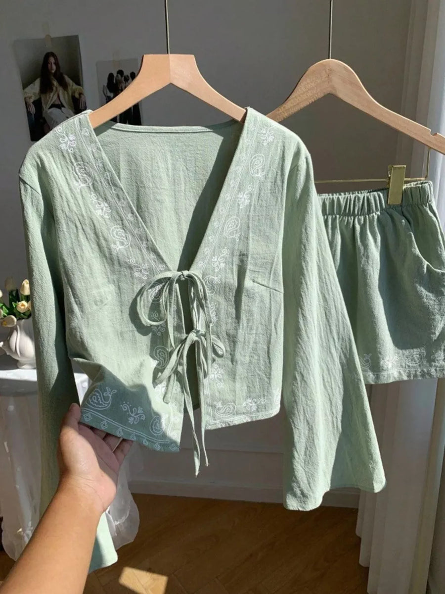 Light green embroidered tie-front cotton top and shorts set with bell sleeves