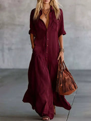Light Blue Button Front Roll-up Sleeve Maxi Dress Plus Size
