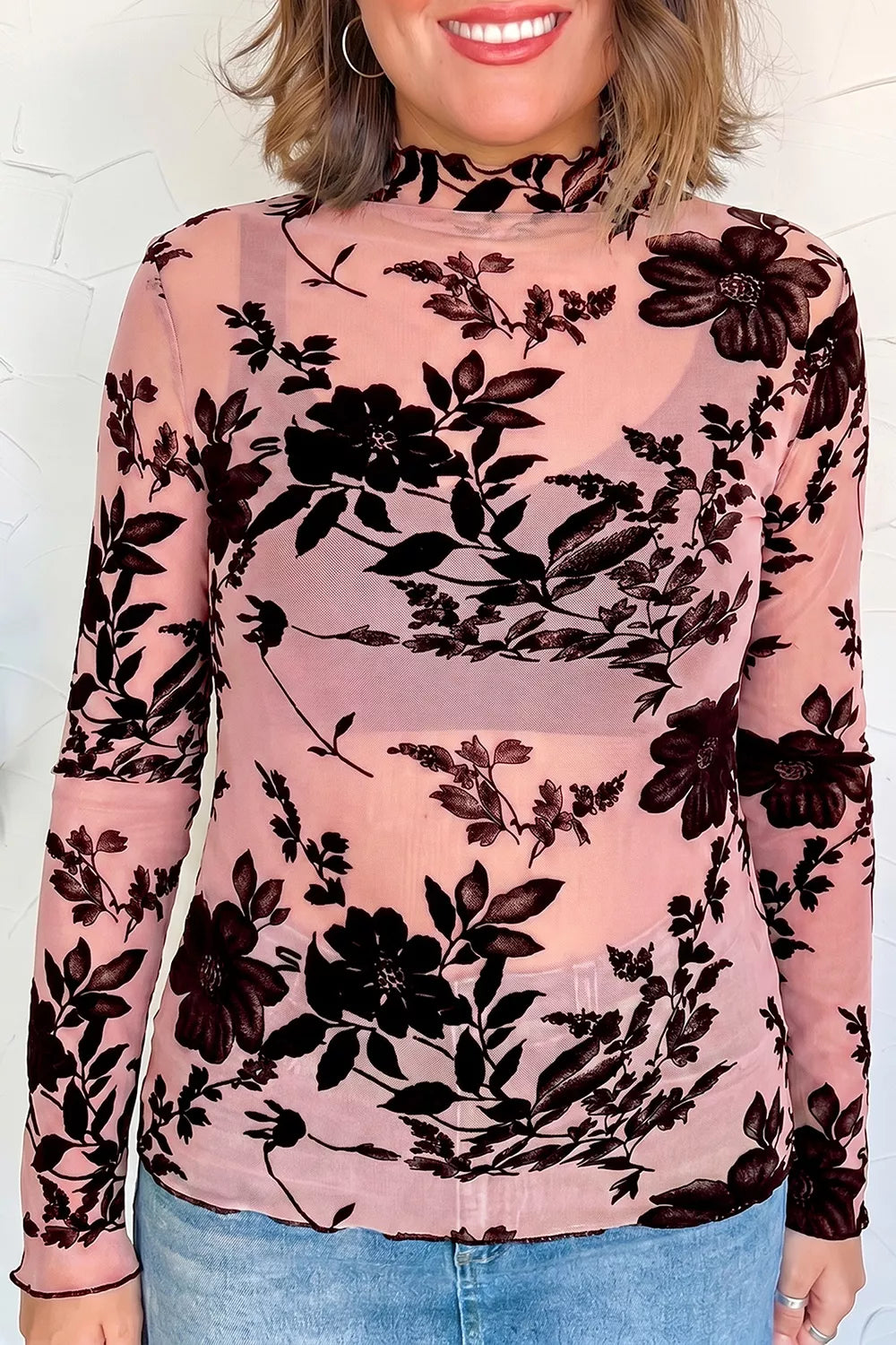 Dusty Pink with Floral Print Mesh Long Sleeve Blouse