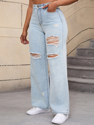 wide-leg jeans in Black with distressed and full-length