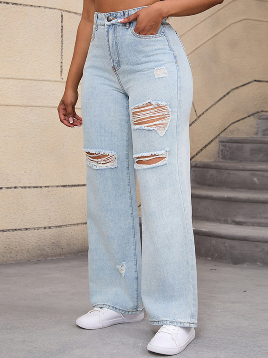 wide-leg jeans in Black with distressed and full-length
