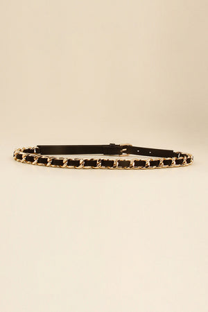 Black leather belt with gold chain detail and buckle