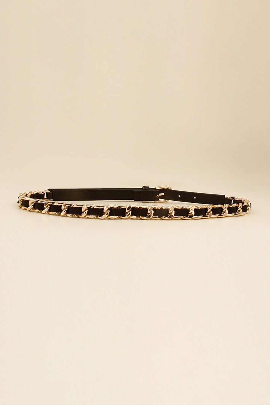 Black leather belt with gold chain detail and buckle