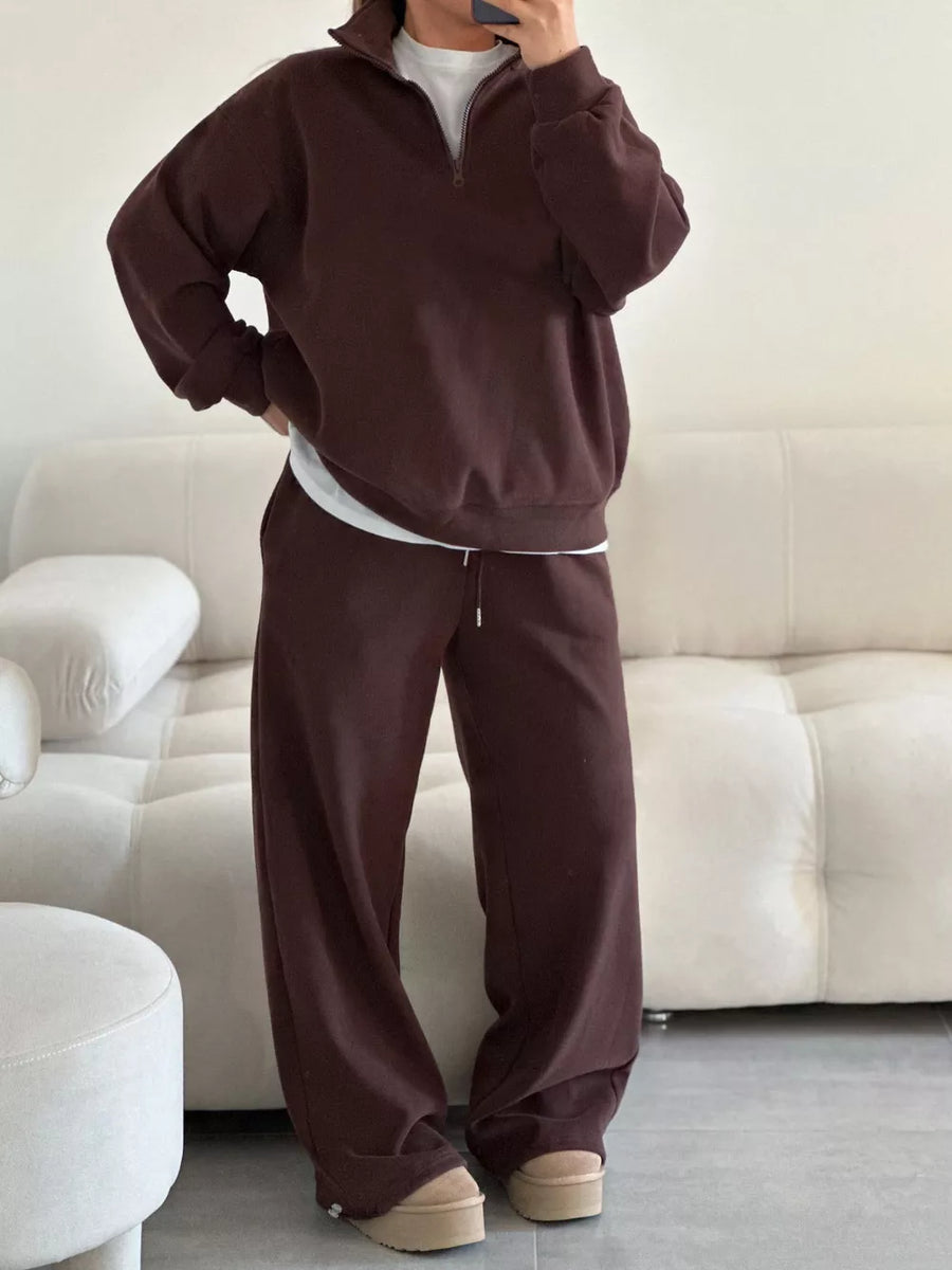 Quarter-zip Top And Wide-leg Sweatpants Set in Brown