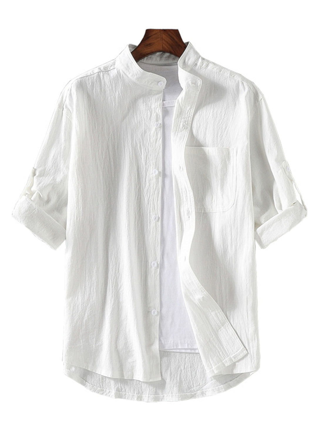 Men's white casual button-up shirt with band collar and rolled sleeves