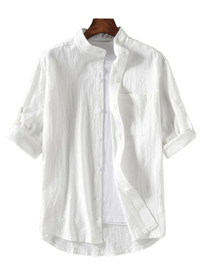Men's white casual button-up shirt with band collar and rolled sleeves