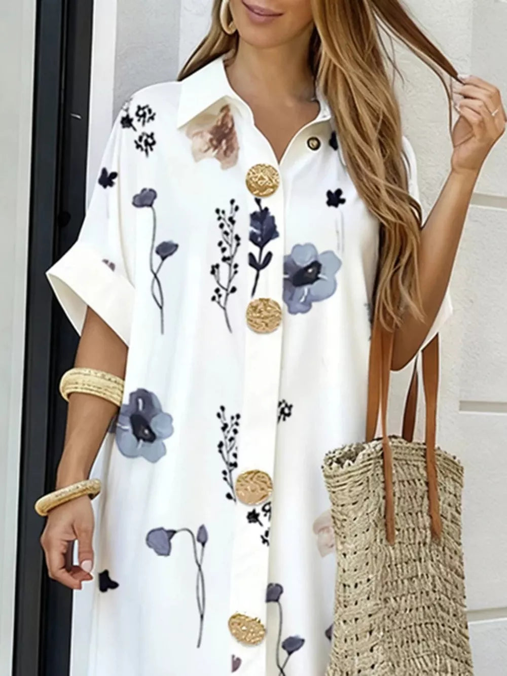 Tan Floral Print Button-down Maxi Shirt Dress