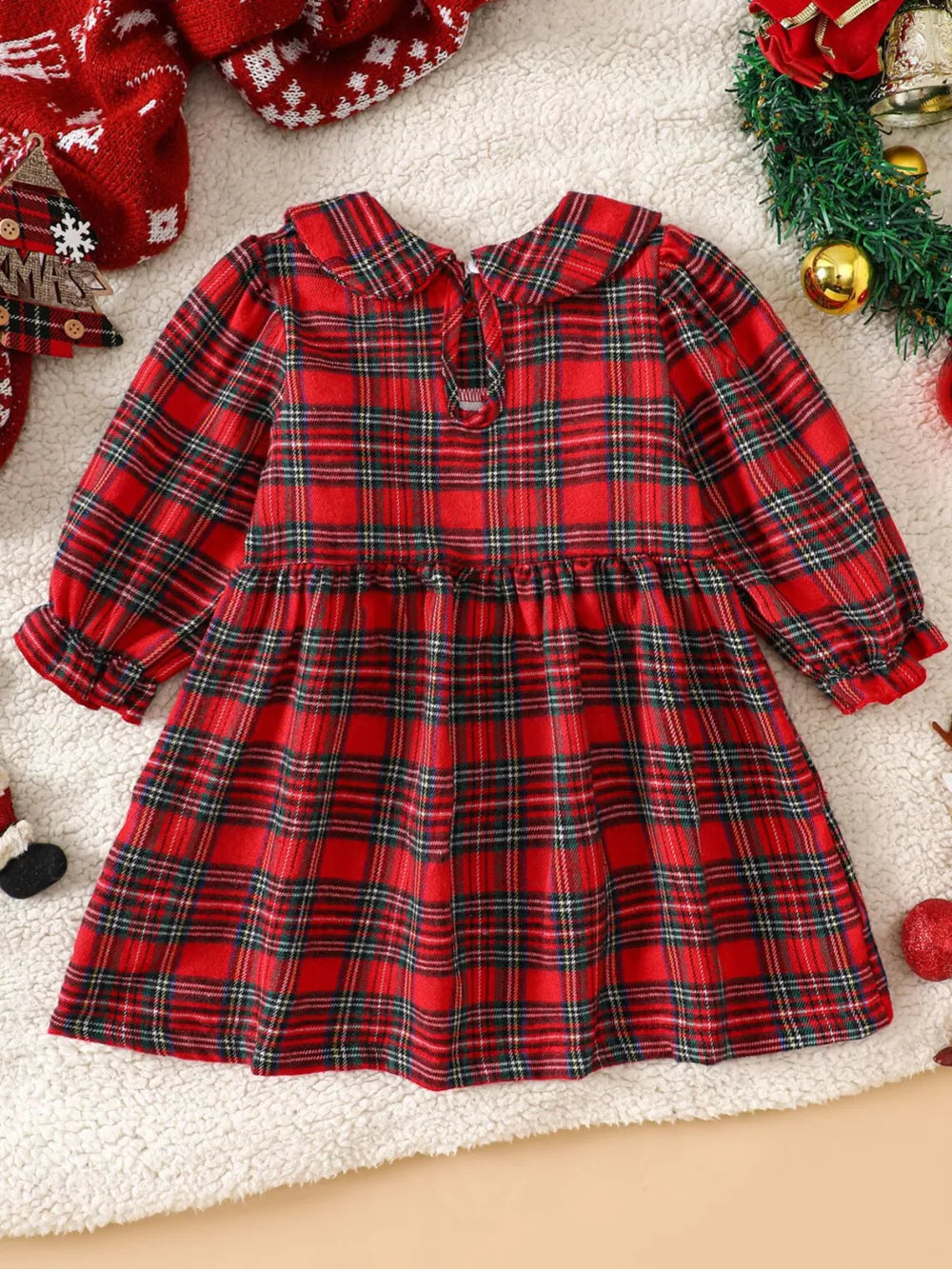 Baby red plaid cotton blend dress with Peter Pan collar and long sleeves.
