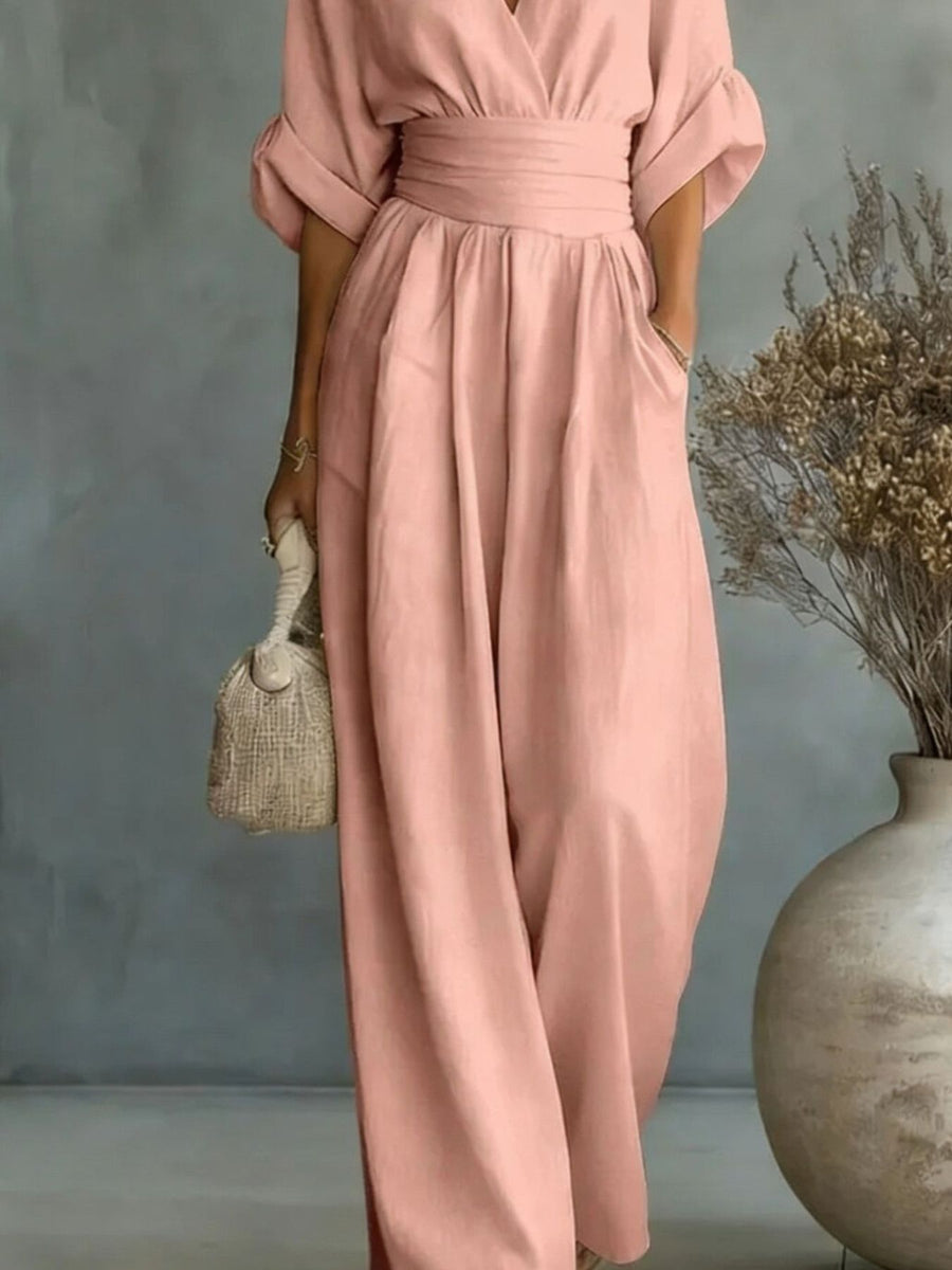 Beige relaxed jumpsuit with v-neck