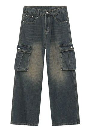 Faded wash dark wide-leg cargo jeans with multiple pockets.