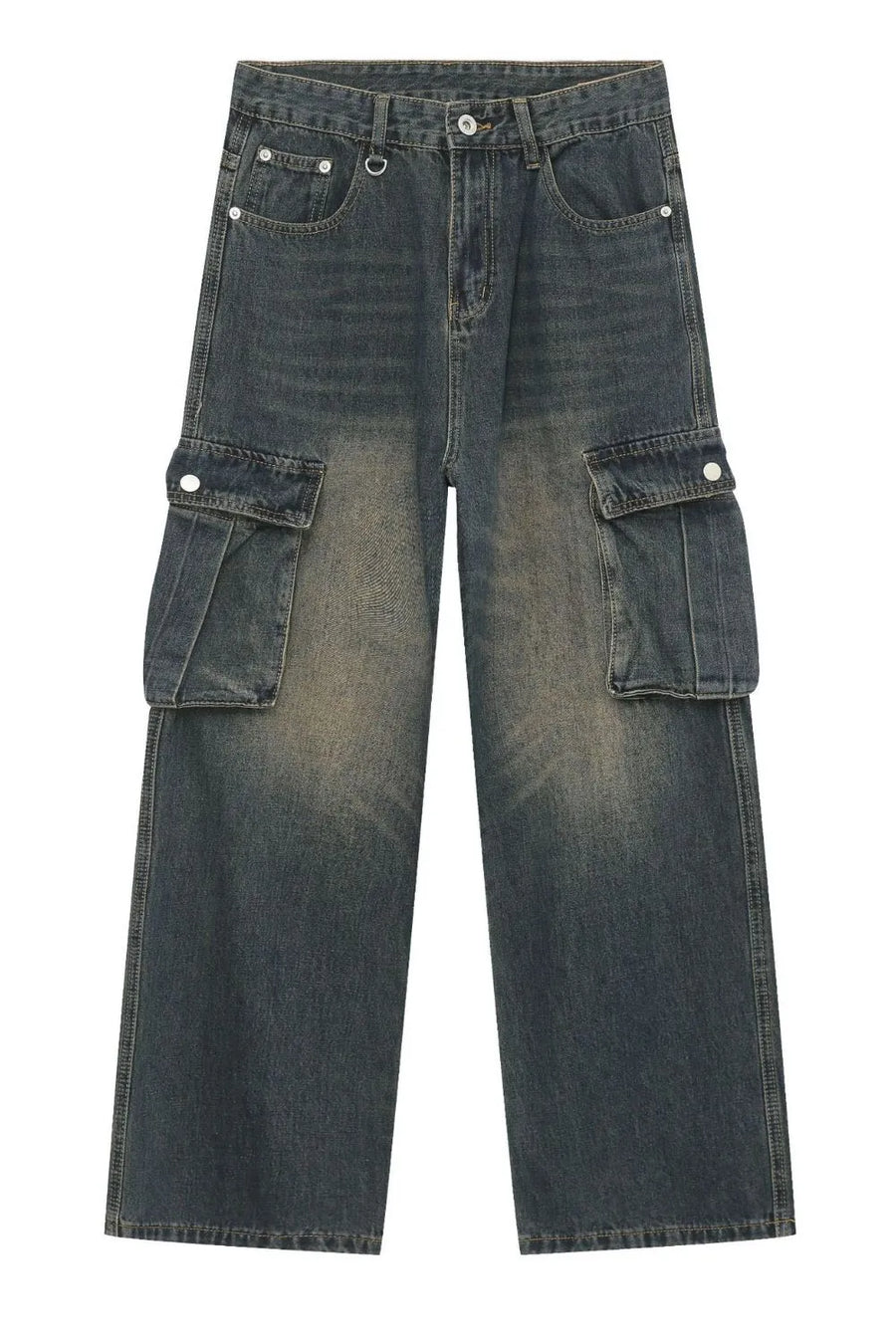 Faded wash dark wide-leg cargo jeans with multiple pockets.