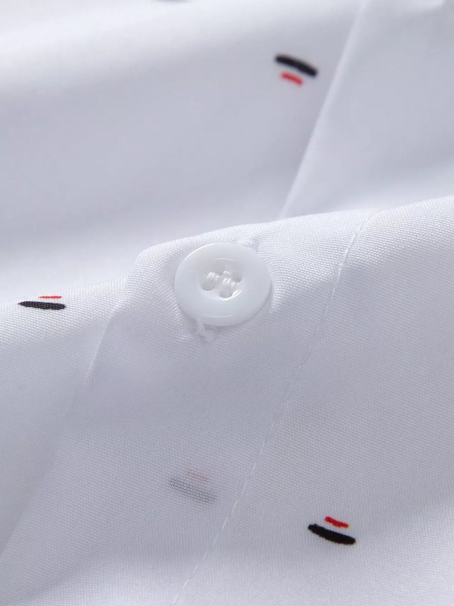 White button-up shirt with hip-length and button-front