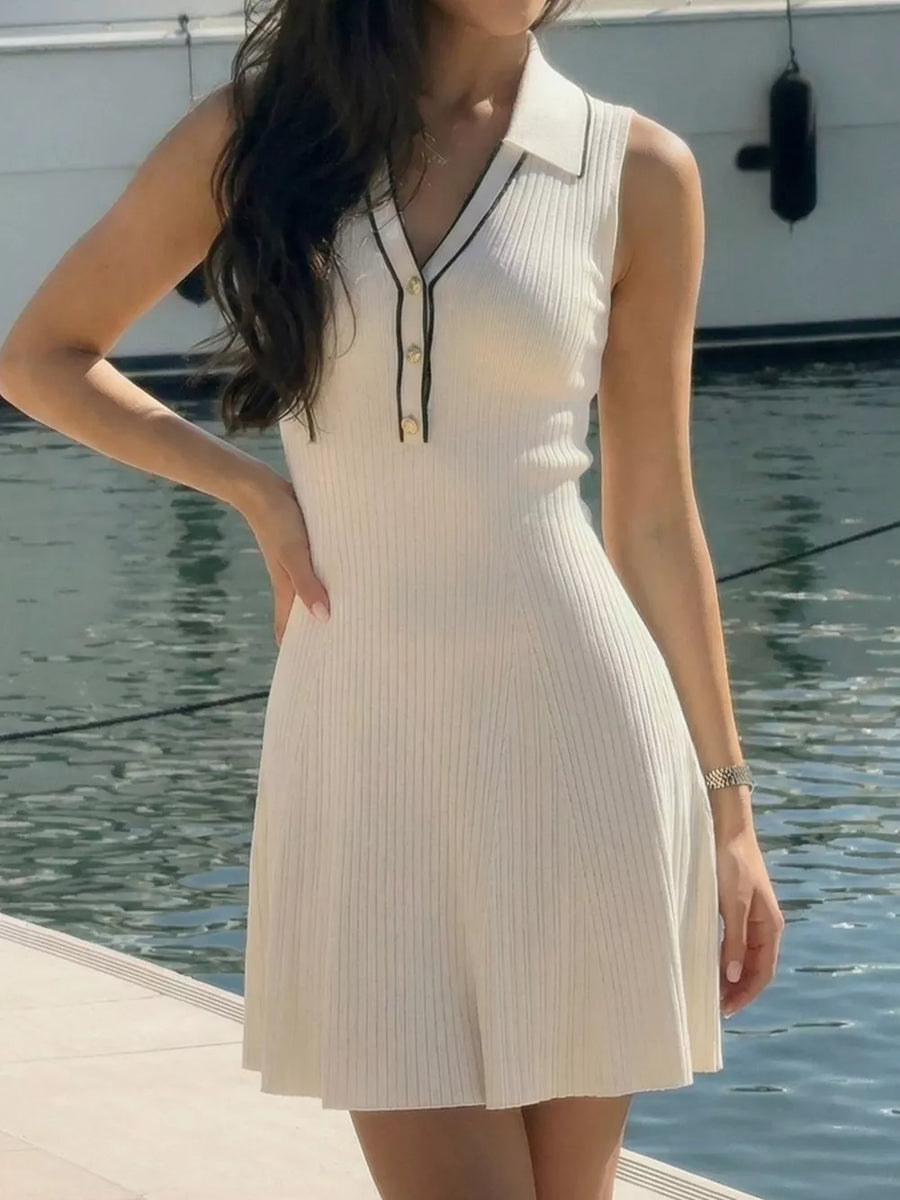 Beige with Sleeveless Ribbed Knit Polo Sweater Dress in Beige