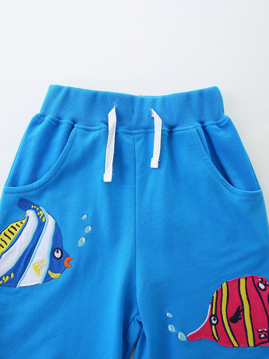 Blue cotton toddler shorts with fish embroidery and drawstring waist