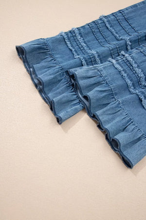 Maternity wide-leg jeans in denim with ruffled hem and frayed detailing.