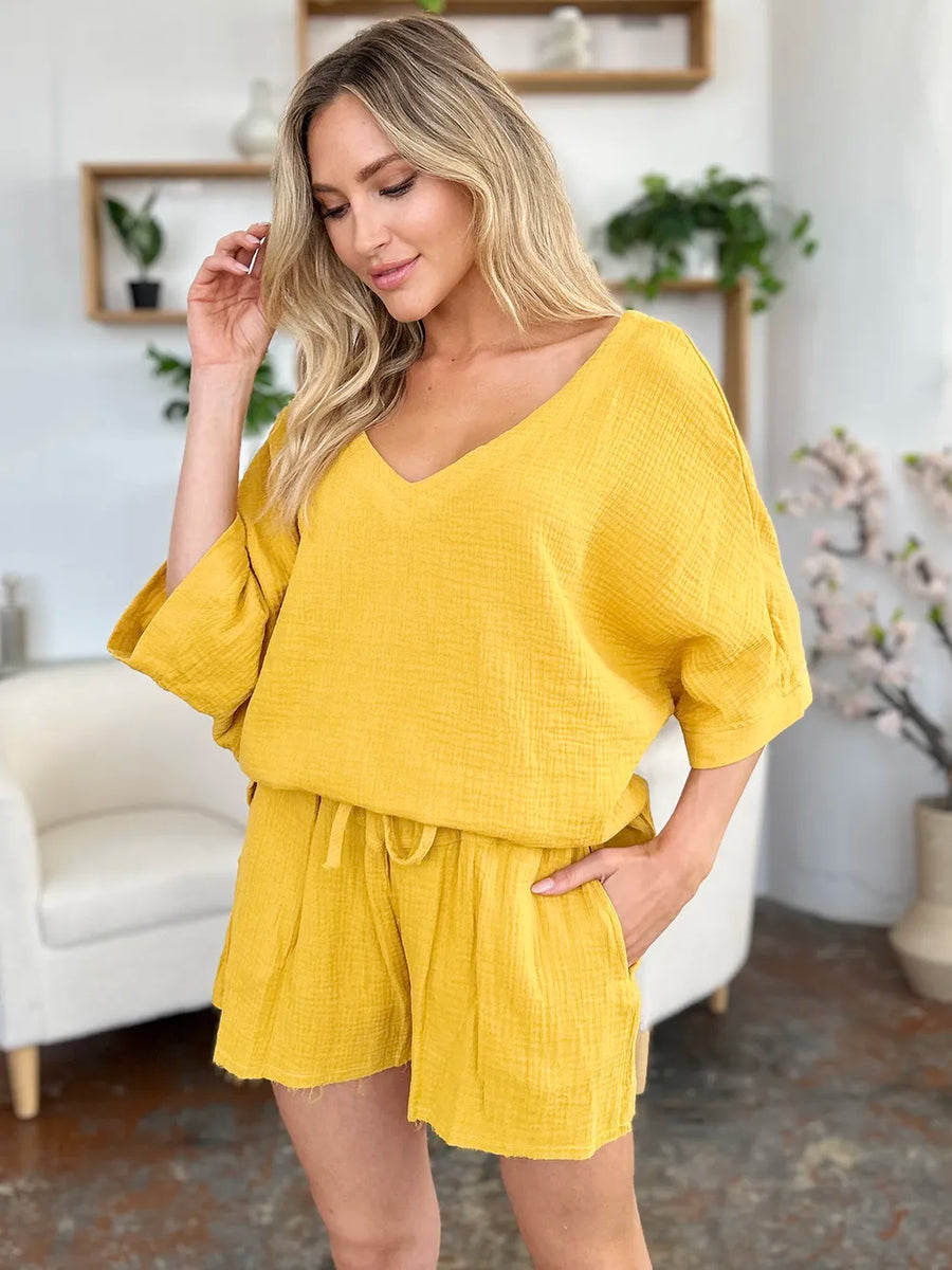 Gold textured cotton half sleeve set with drawstring shorts