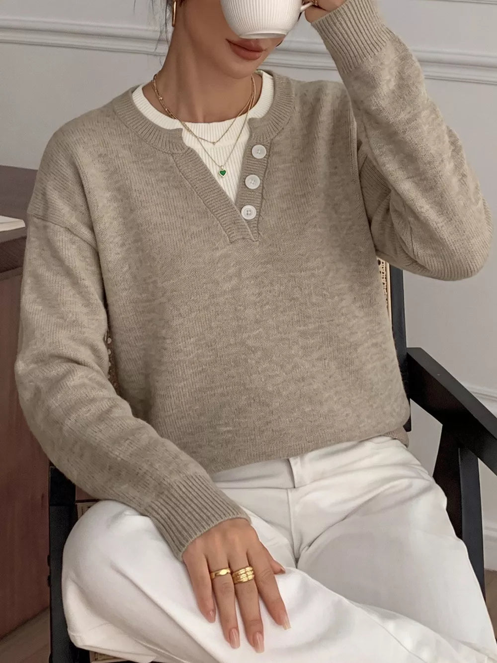 Dropped Shoulder Long Sleeve Sweater in Khaki