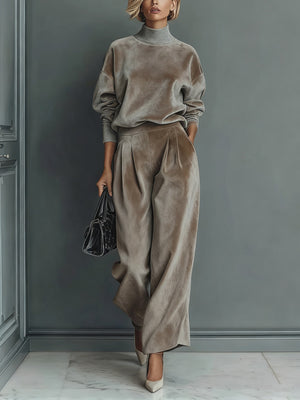 matching set in taupe featuring mock neck and relaxed fit
