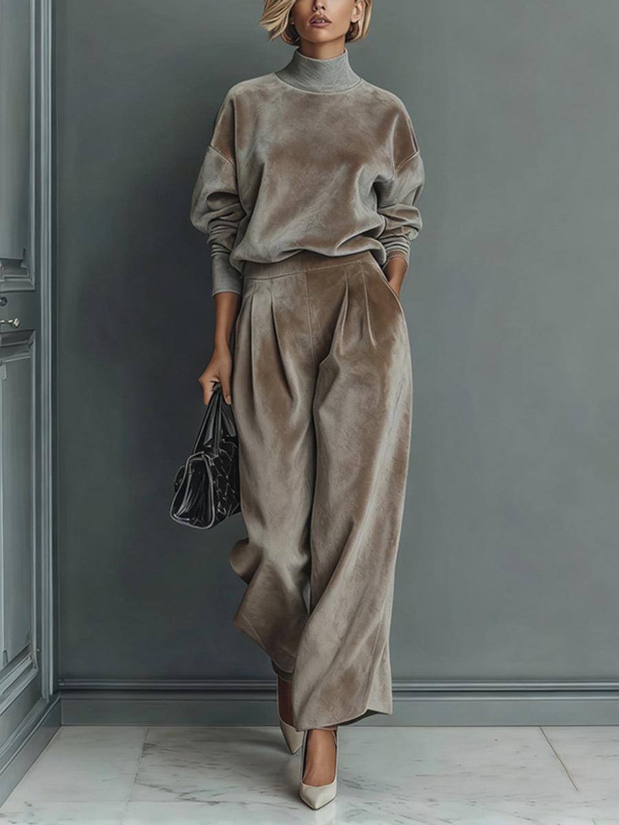 matching set in taupe featuring mock neck and relaxed fit