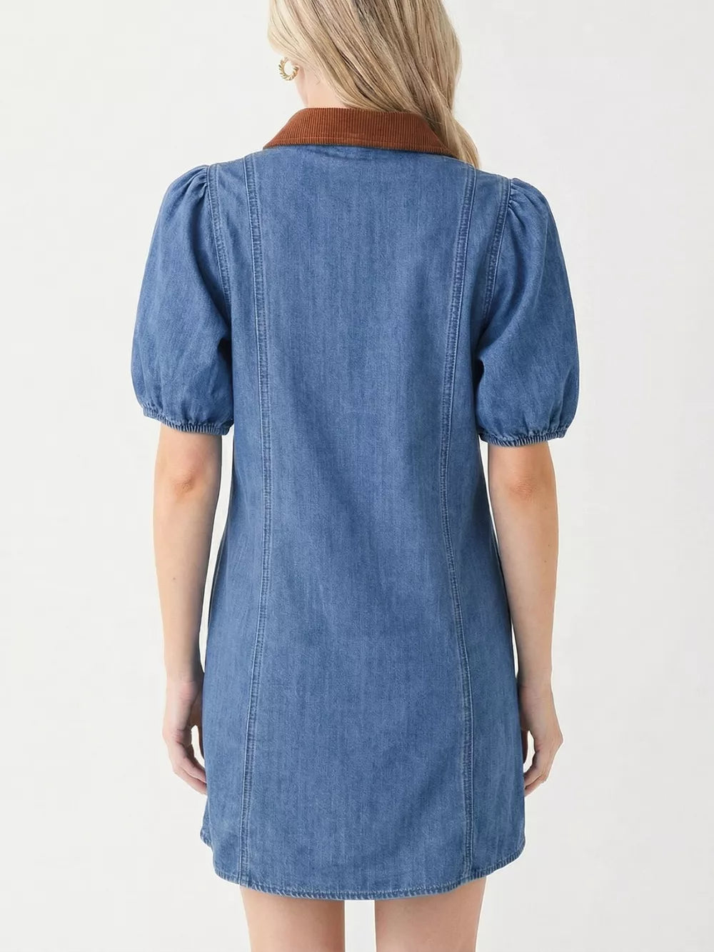 Denim button-down dress with puffed sleeves and a corduroy collar.