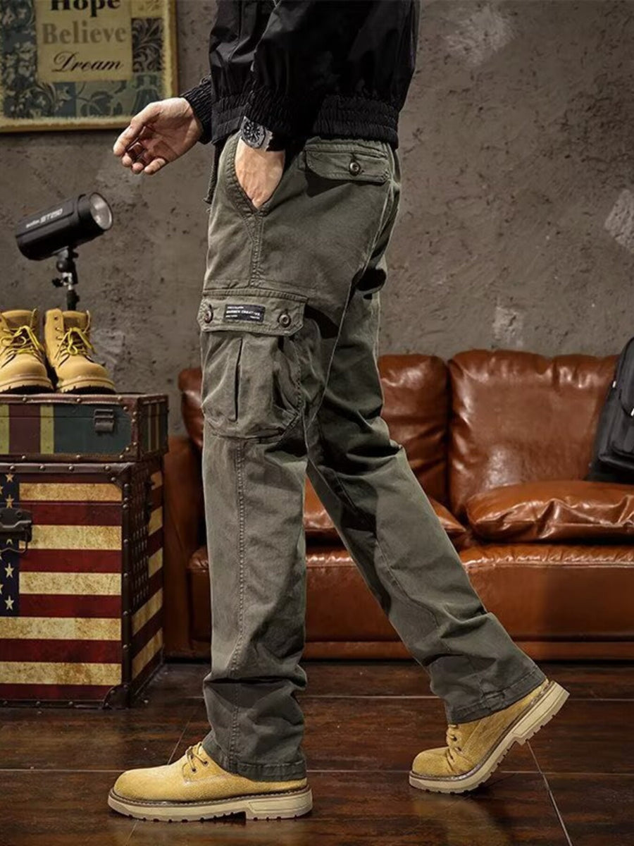 cargo pants in khaki with drawstring waist and full-length