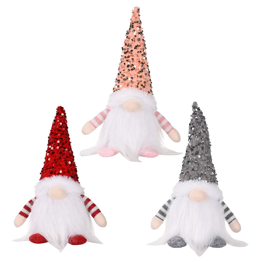 Light-Up Sequin Gnome Trio in red, blush pink, and dark gray with white beards and striped sleeves.