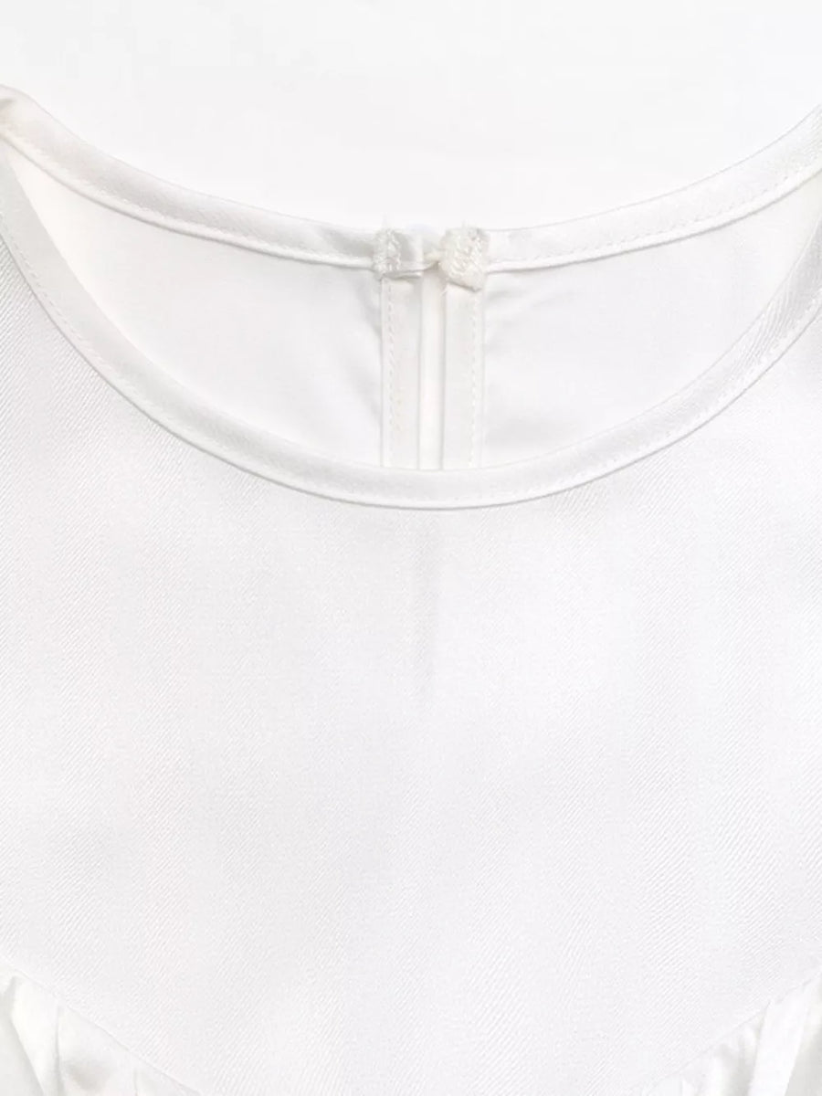 White ruffled cold shoulder maternity blouse with tie belt detail