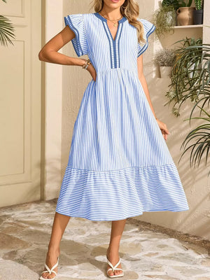 Blue striped midi dress with V-neck, ruffle sleeves, and tiered hem.