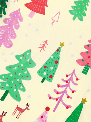Light yellow Christmas tree print pajama set with festive holiday trees and reindeer.